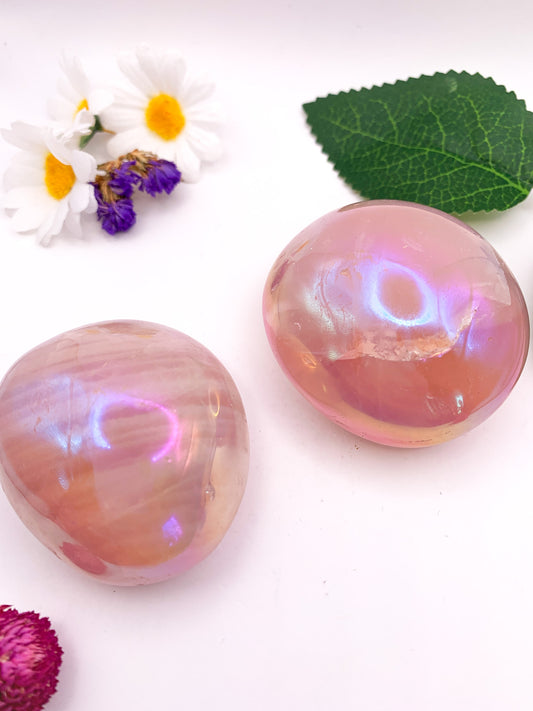 Aura Rose Quartz Palm Stone - Crystal Love Treasures