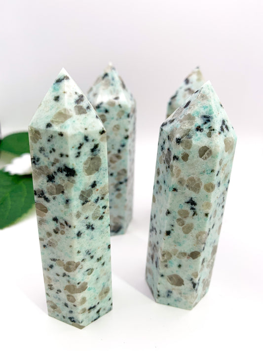 Kiwi Sesame Jasper Tower - Crystal Love Treasures