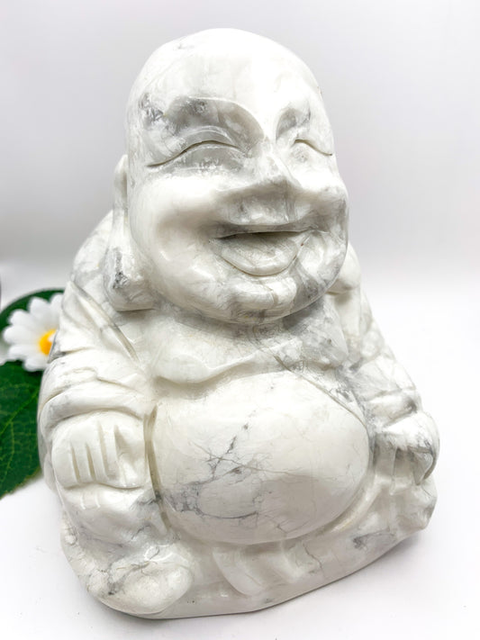 Howlite Crystal Laughing Buddha Carving (Hand-carved) - Crystal Love Treasures