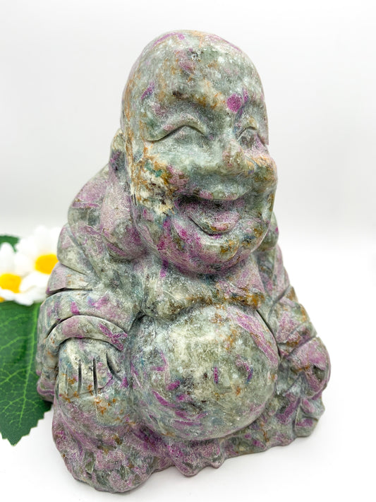 Ruby Kyanite Crystal Laughing Buddha Carving (Hand-carved UV Reactive) - Crystal Love Treasures