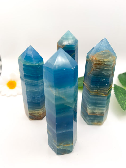 Lemurian Aquatine Calcite Tower/ Argentinian Blue Onyx (Rare) - Crystal Love Treasures