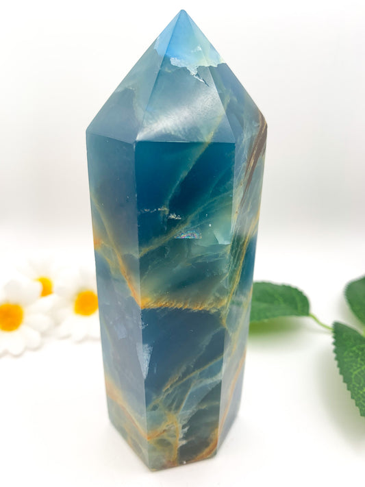 Lemurian Aquatine Calcite Tower/ Argentinian Blue Onyx (Rare) - Crystal Love Treasures