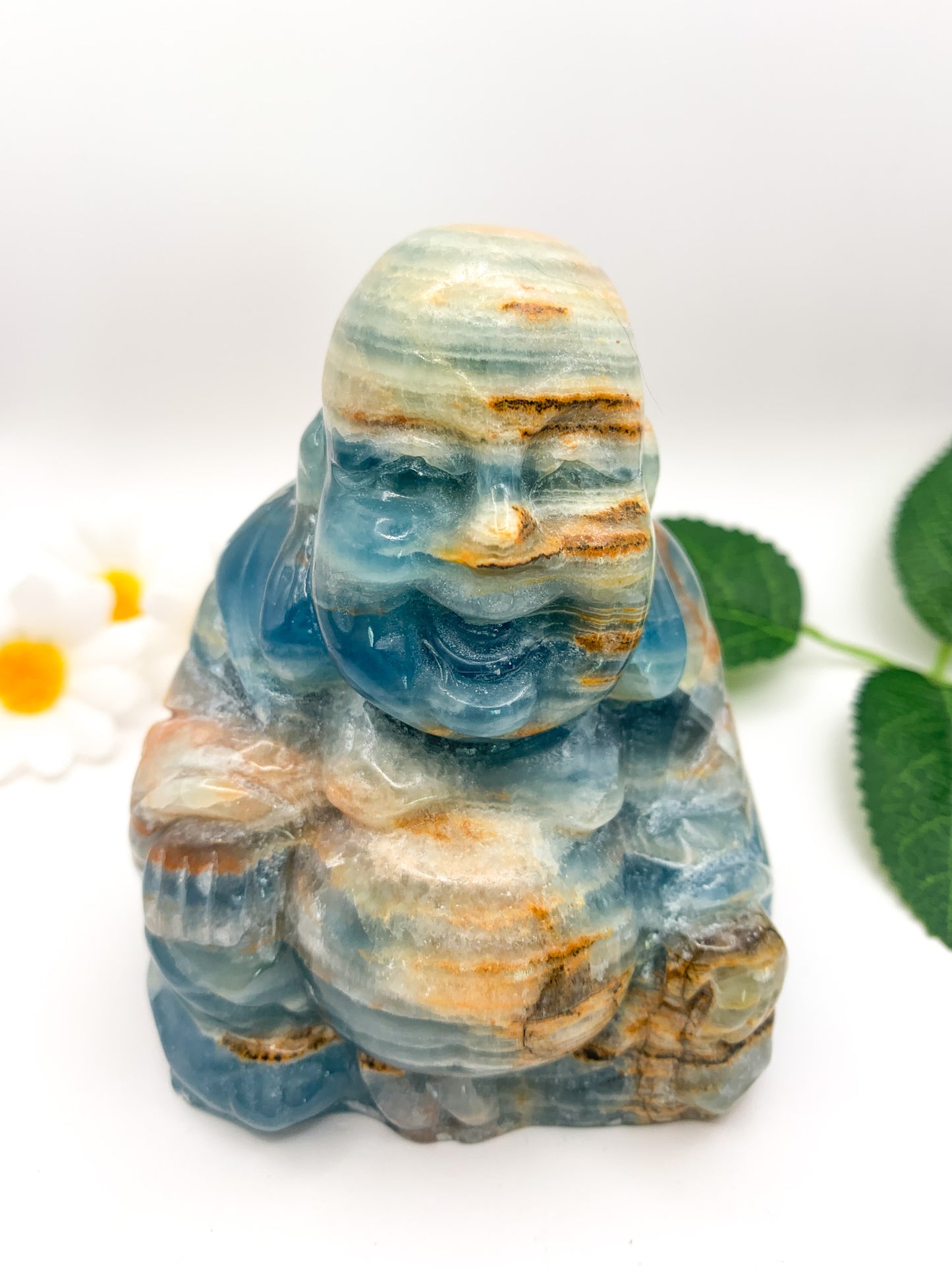 Lemurian Aquatine Calcite Laughing Buddha/ Argentinian Blue Onyx (Rare) - Crystal Love Treasures