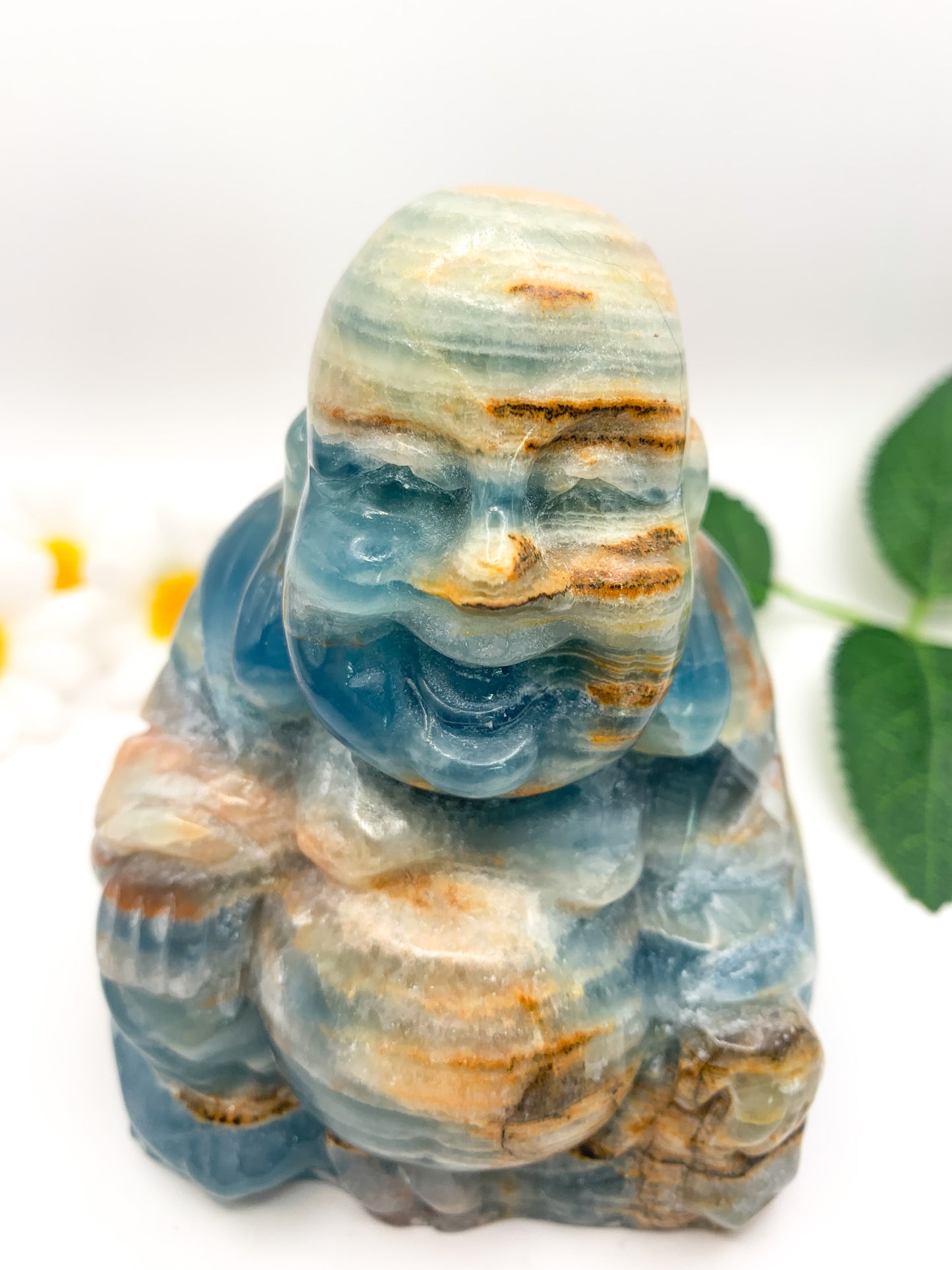 Lemurian Aquatine Calcite Laughing Buddha/ Argentinian Blue Onyx (Rare) - Crystal Love Treasures
