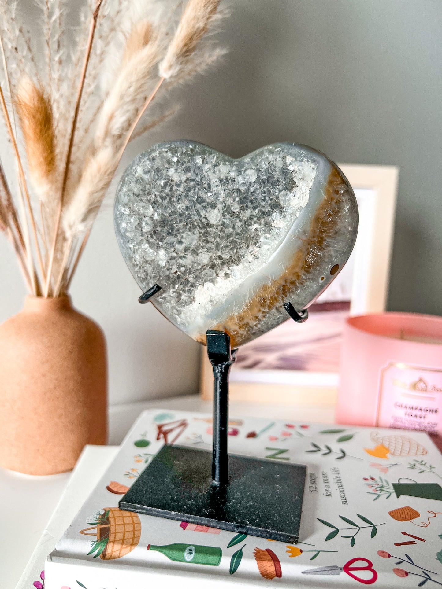 Druzy Carnelian Agate Heart with Custom Stand