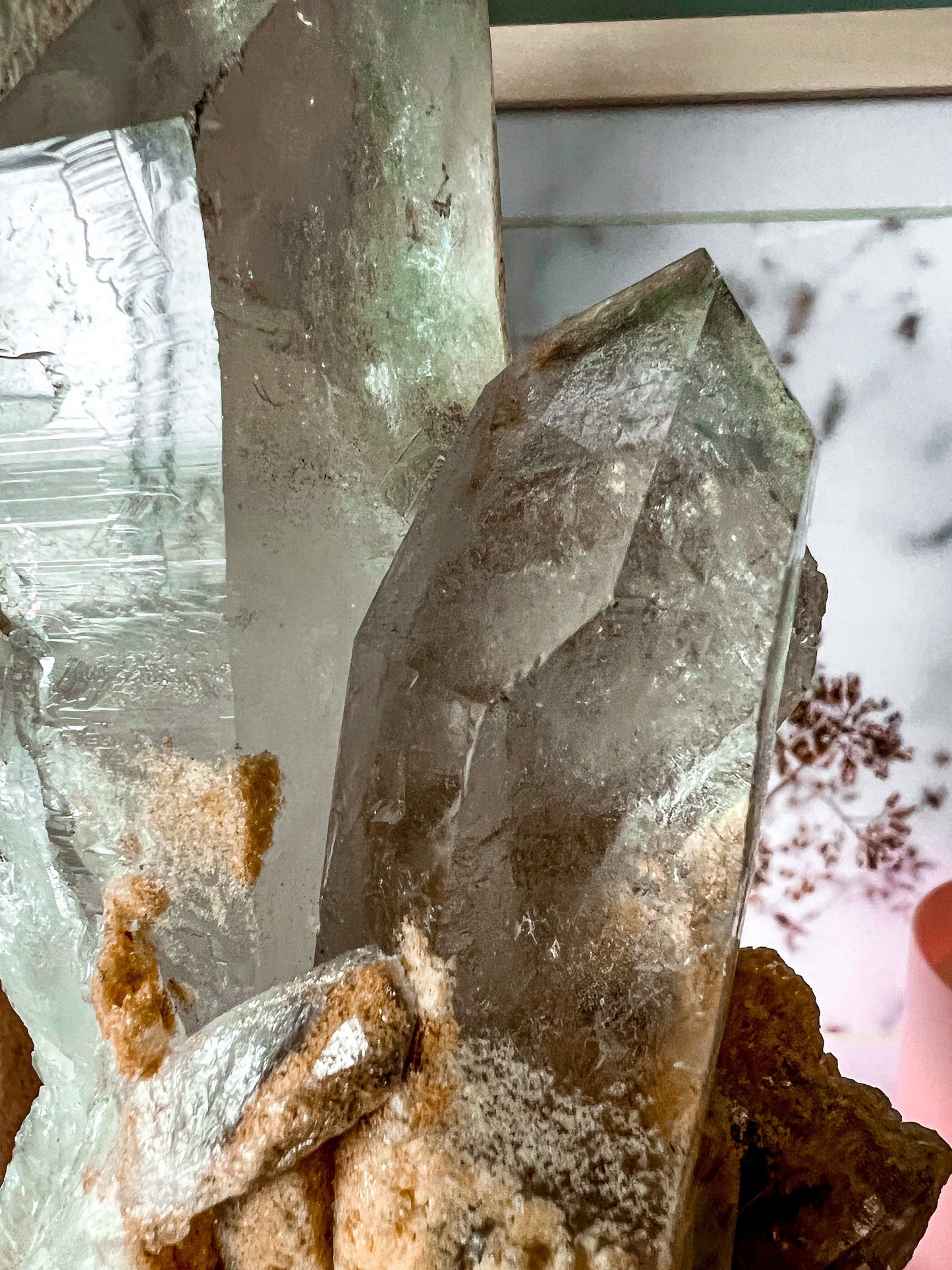 Raw Lemurian Quartz Crystal Point on Metal Stand