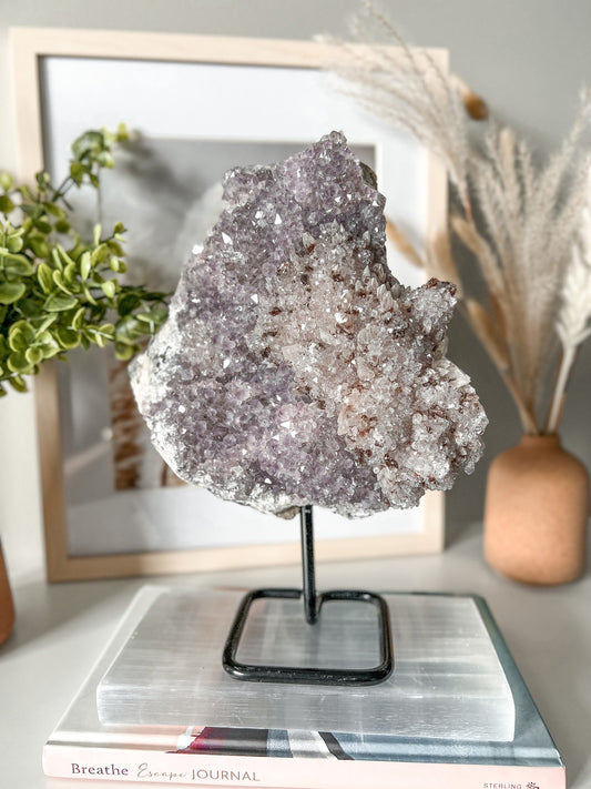 Amethyst Geode on Stand (Removable) with Calcite and Hematite